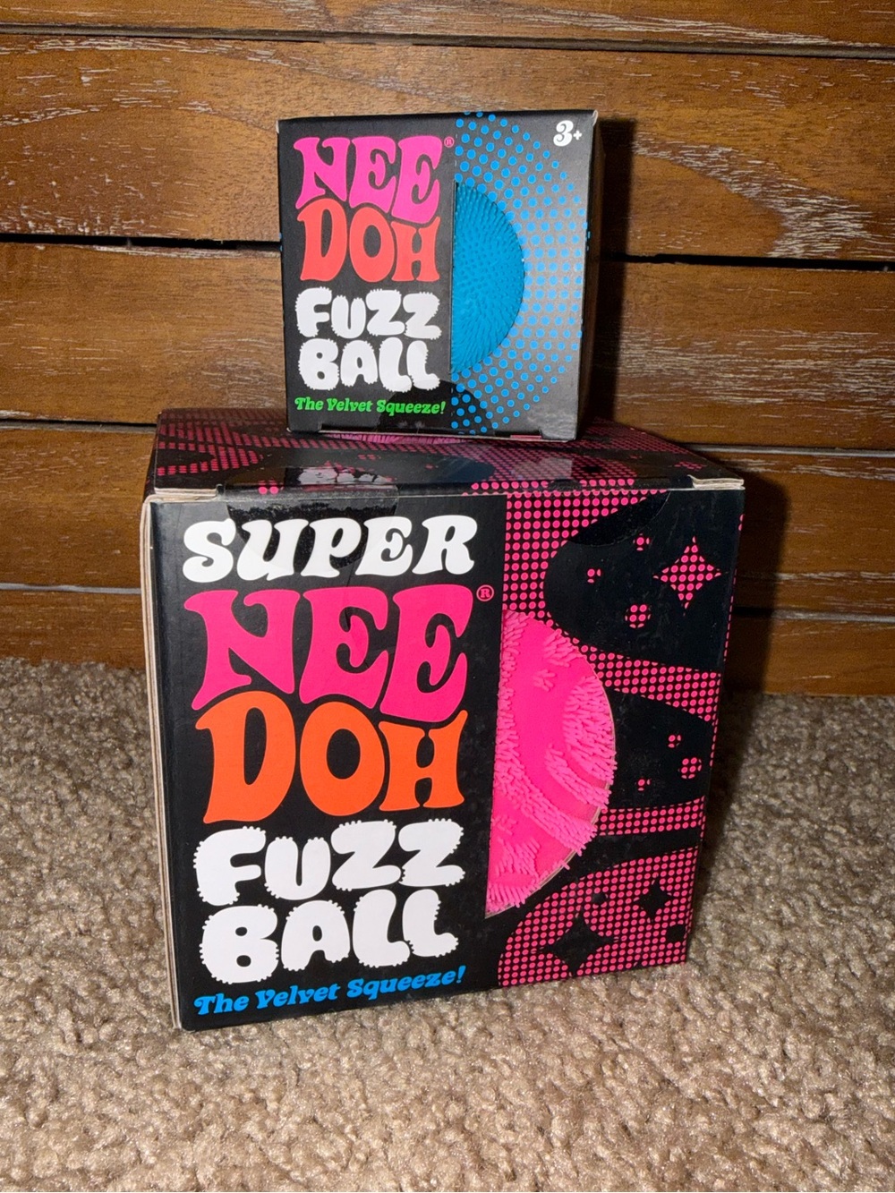 NeeDoh fuzz ball bundle. Pink super fuzz ball, blue fuzz ball.